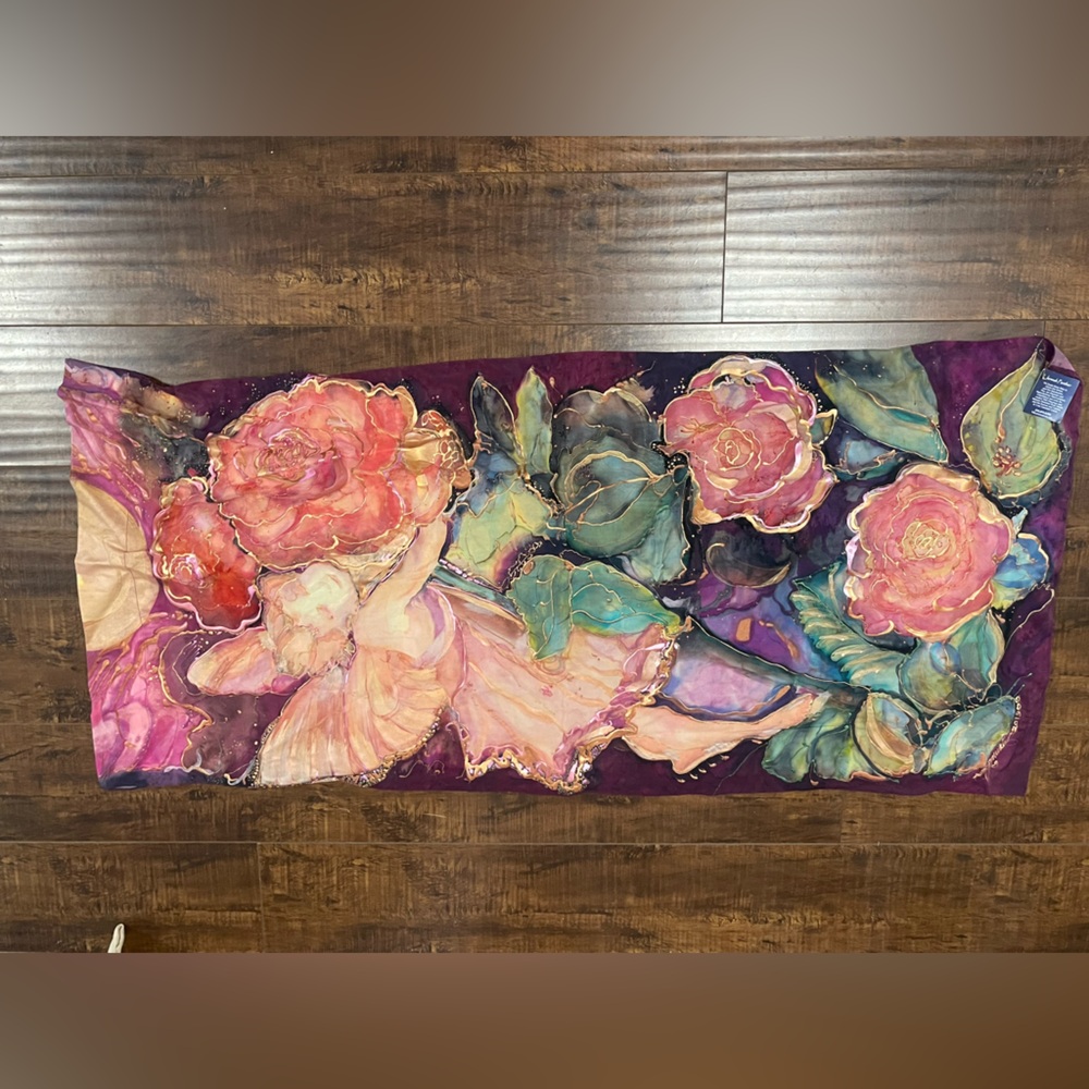 Hand Painted Fairy and Floral Scarf